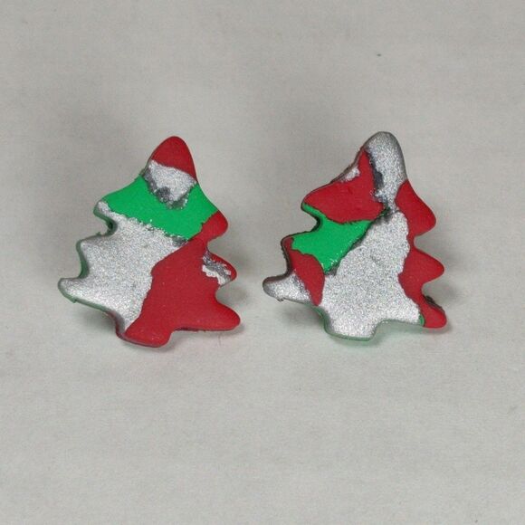 Handmade Polymer Clay Christmas Xmas Tree Stud Earrings Red Green Silver Glitter - Picture 2 of 14